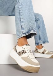 Beżowe Sneakersy na Platformie z Metalicznym Zdobieniem Fonarien. Brązowe obuwie sportowe damskie Renee, z jeansu, bez zapięcia. Za 89.99 zł.