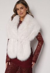 Białe Futrzane Ponczo z Zapięciem Montillene. Białe swetry klasyczne damskie Born2be, z futra, bez kołnierzyka. Za 89.99 zł.