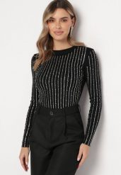 Czarny Dzianinowy Sweter z Okrągłym Dekoltem Ozdobiony Paskami z Cyrkoniami Faweni. Czarne swetry klasyczne damskie Born2be, m, z dzianiny, bez kołnierzyka. Za 139.99 zł.