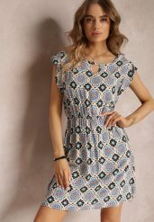 Niebiesko-Czarna Bawełniana Sukienka Mini w Mozaikowy Wzór z Gumką w Talii Fiyona. Niebieskie sukienki damskie Renee, bez wzorów, z bawełny, bez ramiączek. W wyprzedaży za 39.99 zł.