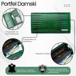 Portfel damski skórzany lakierowany zielony z tłoczeniem croco SP-16-CGRN. Zielone portfele damskie Jennifer Jones, bez wzorów, z lakierowanej skóry. Za 99.00 zł.
