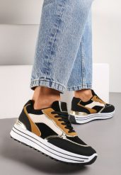 Czarne Sneakersy na Wysokiej Podeszwie z Błyszczącymi Wstawkami Lovana. Czarne obuwie sportowe damskie Renee, bez zapięcia. Za 79.99 zł.