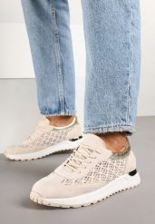 Beżowe Sneakersy na Piankowej Podeszwie z Ażurową Cholewką Rineora. Brązowe obuwie sportowe damskie Born2be, z jeansu, bez zapięcia. Za 109.99 zł.