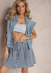Niebieska Jeansowa Spódnica Mini z Zakładkami Hollette. Niebieskie spódnice damskie Renee, xs, z aplikacjami, z jeansu, eleganckie, mini. Za 64.99 zł.
