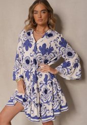 Niebieska Rozkloszowana Sukienka z Wiskozy Zdobiona Etnicznym Printem Pasiretia. Niebieskie sukienki damskie Renee, z aplikacjami, z wiskozy, eleganckie, bez ramiączek. W wyprzedaży za 107.99 zł.