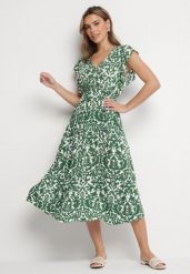 Zielona Bawełniana Sukienka Rozkloszowana z Falbankami w Ornamentalny Wzór Zaliette. Zielone sukienki damskie Born2be, bez wzorów, z bawełny, eleganckie, bez ramiączek. Za 69.99 zł.