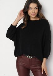 Czarny Sweter z Rękawami 7/8 z Domieszką Wełny Irilliane. Czarne swetry klasyczne damskie Born2be, z jeansu, bez kołnierzyka. Za 169.99 zł.