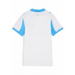 Damska koszulka domowa Olympique Marsylia 25/26 PUMA White Bleu Azur Blue. Białe bluzki damskie Puma, w ażurowe wzory, bez kołnierzyka, bez ramiączek. Za 424.00 zł.