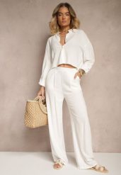 Białe Spodnie z Lnem i Bawełną o Szerokim Kroju High Waist Sallieta. Białe spodnie materiałowe damskie Renee, bez wzorów, z bawełny. Za 64.99 zł.