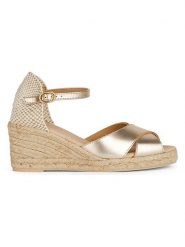 Geox Skórzane sandały "Gelsa" w kolorze złotym rozmiar: 37. Żółte sandały damskie Geox, bez wzorów, z materiału, z otwartym noskiem, bez obcasa, na koturnie, bez zapięcia. Za 238.29 zł.
