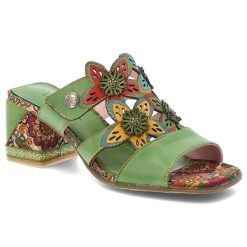 Klapki damskie Laura Vita, cholewka skóra naturalna kwiatowe aplikacje wsuwany fason otwarty nosek stabilny obcas miękka wkładka, zielone, Jacqueso 0. Zielone klapki damskie LAURA VITA, z aplikacjami, ze skóry, z otwartym noskiem, bez obcasa, na obcasie, bez zapięcia. Za 309.00 zł.