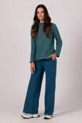 Prosta Bluza z Wysokim Kołnierzem - Turkusowa. Niebieskie bluzy damskie MOE, l, bez wzorów, z bawełny, bez kaptura. Za 254.90 zł.