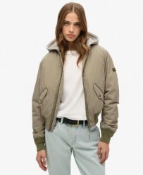 Superdry Damska kurtka Hooded MA1 Bomber – Light Khaki Green. Zielone kurtki damskie Superdry, bez wzorów, z bawełny, z kapturem. Za 417.50 zł.