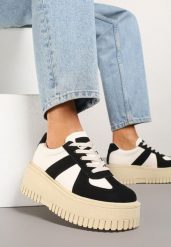 Czarno-Beżowe Sneakersy na Platformie Ozdobione Paskiem Vivesse. Czarne obuwie sportowe damskie Renee, z jeansu, bez zapięcia. Za 79.99 zł.