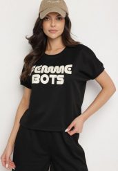 Czarny T-shirt Ozdobiony Napisem Devenee. Czarne t-shirty damskie Born2be, l, bez wzorów, z jeansu, bez kołnierzyka. Za 29.99 zł.