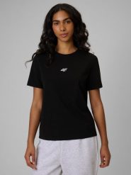 4F T-shirt regular gładki damski - czarny M. Czarne koszulki sportowe damskie 4F, m, bez wzorów, z materiału, bez ramiączek, na fitness i siłownię. Za 49.99 zł.