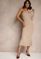 Ciemnobeżowa Asymetryczna Sukienka Koktajlowa z Kwiatami Issalea. Brązowe sukienki damskie Renee, z aplikacjami, eleganckie, bez ramiączek. W wyprzedaży za 111.99 zł.