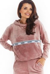 Welurowa Bluza Kangurka Logowaną Taśmą - Różowa. Czerwone bluzy damskie Awama, l, bez wzorów, z materiału, bez kaptura. Za 201.90 zł.