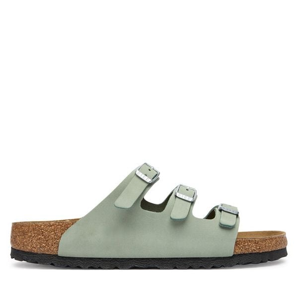 Klapki Birkenstock. Zielone klapki damskie Birkenstock, bez wzorów, bez obcasa, bez zapięcia. Za 529.99 zł.