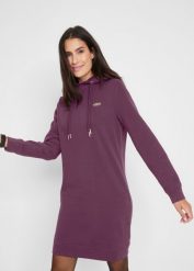 Sukienka dresowa z kapturem. Fioletowe sukienki damskie bonprix, bez wzorów, z dresówki, eleganckie, bez ramiączek. Za 124.99 zł.
