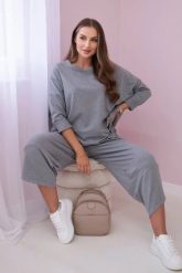Komplet bawełniany bluza + spodnie szary melanż. Szare bluzy damskie KESI, l, bez wzorów, z bawełny, bez kaptura. Za 284.37 zł.