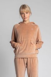 Welurowa Bluza Kangurka z Reglanowym Rękawem - Beżowa. Brązowe bluzy damskie MOE, l, bez wzorów, z elastanu, bez kaptura. Za 299.90 zł.