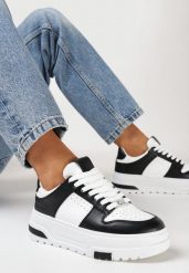 Biało-Czarne Sneakersy na Grubej Podeszwie z Ozdobną Perforacją i Sznurowaniem Xirea. Białe obuwie sportowe damskie Born2be, z materiału, bez zapięcia. Za 99.99 zł.