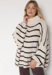 Beżowy Golf Oversize w Paski z Domieszką Wełny i Wiskozy Nexeia. Brązowe golfy damskie Born2be, bez wzorów, z jeansu, bez ramiączek. Za 159.99 zł.