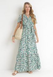Zielona Sukienka Maxi z Gumką w Talii w Kwiaty z Wiskozy Eudatha. Zielone sukienki damskie Born2be, bez wzorów, z materiału, bez ramiączek. Za 119.99 zł.