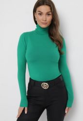 Zielony Sweter Golf o Dopasowanym Fasonie Bewina. Zielone golfy damskie Born2be, m, z aplikacjami, z dzianiny, bez ramiączek. Za 49.99 zł.