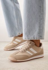 Ciemnobeżowe Sneakersy z Geometrycznym Motywem Jannata. Brązowe obuwie sportowe damskie Born2be, z dresówki, bez zapięcia. Za 99.99 zł.