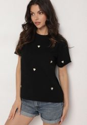 Czarny T-shirt z Bawełny w Serca Kolavelle. Czarne t-shirty damskie Born2be, l, bez wzorów, z bawełny, bez kołnierzyka. Za 59.99 zł.