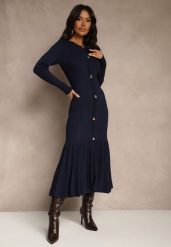 Granatowa Sweterkowa Sukienka z Wiskozą z Rozkloszowanym Dołem i Guzikami Fertilea. Niebieskie sukienki damskie Renee, bez wzorów, z wiskozy, casualowe, bez ramiączek. Za 139.99 zł.