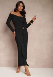 Czarna Marszczona Sukienka o Dopasowanym Kroju z Trenem i Rozcięciem Aluilea. Czarne sukienki damskie Renee, bez wzorów, eleganckie, bez ramiączek. Za 139.99 zł.