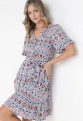 Niebieska Wiskozowa Sukienka Mini z Gumką i Materiałowym Paskiem w Pasie Upshaw. Niebieskie sukienki damskie Born2be, bez wzorów, z materiału, bez ramiączek. Za 89.99 zł.