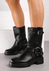 Czarne Botki z Ociepleniem Ozdobione Paskami z Klamrami Naivia. Czarne botki damskie Renee, rockowe, bez obcasa, na obcasie, bez zapięcia. Za 159.99 zł.