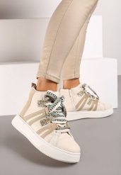 Beżowe Sneakersy na Platformie w Streetwearowym Stylu z Kontrastowymi Wstawkami Kaithana. Brązowe obuwie sportowe damskie Born2be, z materiału, bez zapięcia. Za 109.99 zł.