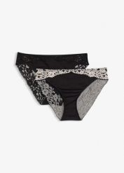 Figi z dwukolorową koronką (2 sztuki). Czarne figi bonprix, bez wzorów, z koronki. Za 22.99 zł.