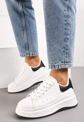Biało-Czarne Sneakersy z Ekoskóry na Platformie ze Sznurowaniem Telretia. Białe obuwie sportowe damskie Born2be, bez zapięcia. Za 89.99 zł.