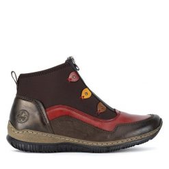 Botki Rieker. Brązowe botki damskie Rieker, bez obcasa, na płaskiej podeszwie, bez zapięcia. Za 244.99 zł.