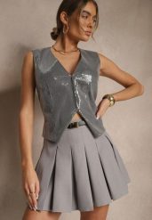 Szare Spódnico-Spodenki High Waist z Plisowaniem Wykończone Paskiem Eviennes. Szare spódnice damskie Renee, na co dzień, l, bez wzorów, klasyczne, mini. Za 119.99 zł.