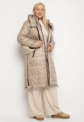 Beżowa Przejściowa Kurtka Pikowana z Kapturem i Suwakami po Bokach Fesunela. Brązowe kurtki damskie Born2be, na jesień, plus size, bez wzorów, z jeansu, z kapturem. Za 179.99 zł.