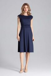 Elegancka Granatowa Rozkloszowana Sukienka z Zaznaczoną Talią. Brązowe sukienki damskie Figl, bez wzorów, z elastanu, eleganckie, bez ramiączek. Za 289.00 zł.