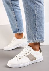 Biało-Złote Sneakersy z Brokatowym Paskiem na Bogu Calapsa. Białe obuwie sportowe damskie Born2be, z materiału, bez zapięcia. Za 79.99 zł.
