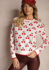 Biały Casualowy Sweter z Wiskozą Ozdobiony Printem w Wisienki Avattria. Białe swetry klasyczne damskie Renee, z jeansu, bez kołnierzyka. Za 119.99 zł.