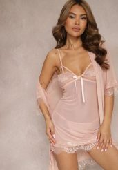 Różowy Komplet Piżamowy z Siateczki Koszula Nocna Szlafrok Stringi Liamara. Czerwone komplety bielizny Renee, bez wzorów, z materiału, bez ramiączek. Za 49.99 zł.