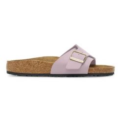 Klapki damskie Birkenstock Catalina BF Faded Purple. Fioletowe klapki damskie Birkenstock, bez wzorów, z materiału, bez obcasa, bez zapięcia. Za 329.99 zł.