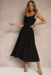 Czarna Rozkloszowana Sukienka z Wiskozy Milunisa. Czarne sukienki damskie Renee, bez wzorów, z jeansu, eleganckie, bez ramiączek. W wyprzedaży za 67.99 zł.