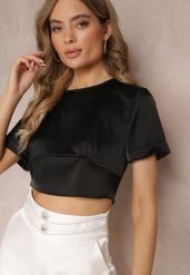 Czarna Bluzka z Krótkim Rękawem i Węzłem z Tyłu Mankira. Czarne bluzki damskie Renee, bez wzorów, bez kołnierzyka, bez ramiączek. Za 49.99 zł.