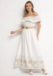 Biała Sukienka Hiszpanka w Stylu Boho z Haftem i Paskiem z Klamrą Mellirna. Białe sukienki damskie Born2be, z aplikacjami, z poliesteru, boho, bez ramiączek. Za 209.99 zł.
